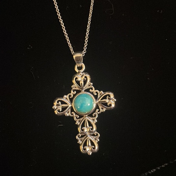 Sterling Silver (.925) Cross with Kingman Turquoise - Picture 2 of 5